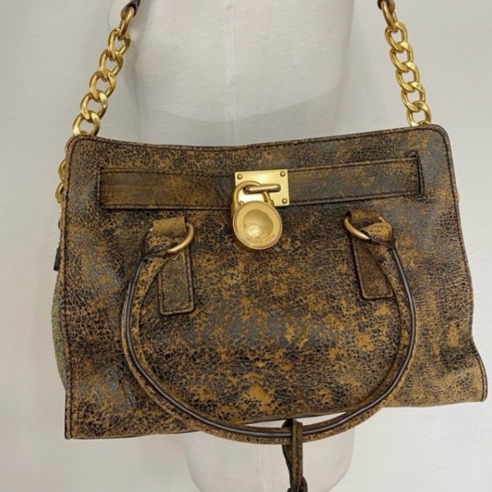 Michael Kors Women's Bronze Metallic Hamilton Gold Chunky Chain Strap Satchel - Picture 3 of 16